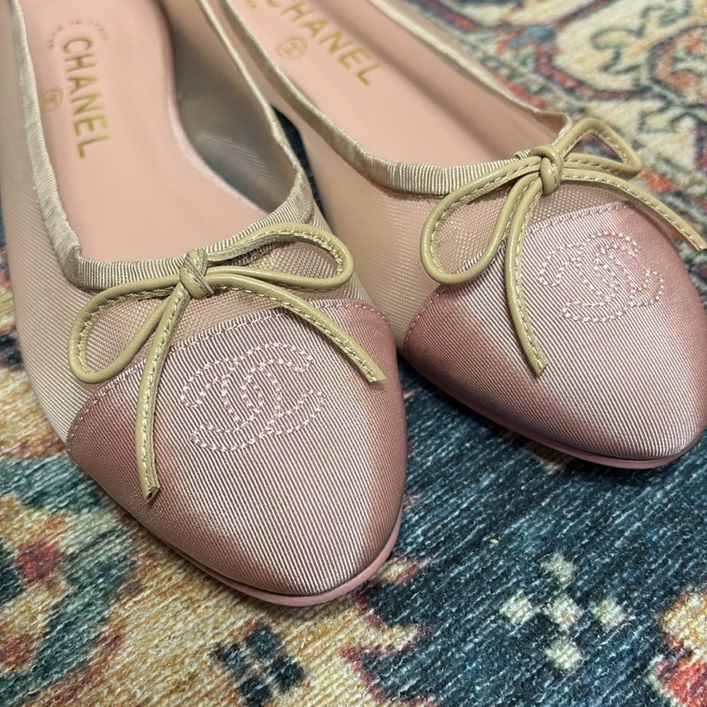 Blush Pink & Beige Ballet Flats with Bow - Picture 2 of 2